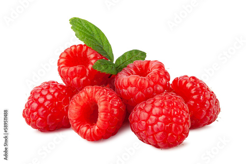 Canvas Print fresh raspberries with leaf isolated on white background.