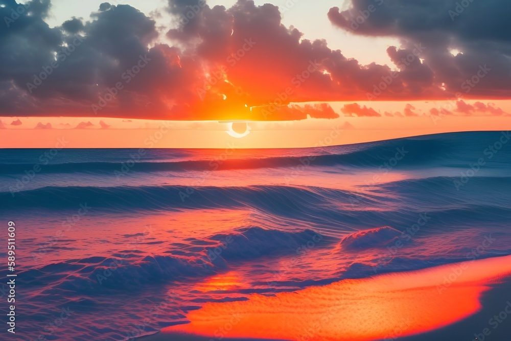 Gorgeous close-up view of calm sea water waves with orange sunrise light. Tropical island beach view, Summer holidays - generative ai
