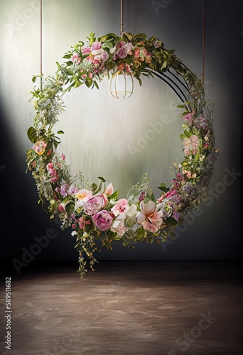 Dark hanging floral halo ring photography backdrop
