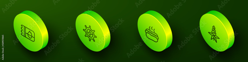 Set Isometric line Ticket in Iceland, Ship steering wheel, Hotdog sandwich and Lupine flower icon. Vector Set Isometric line Ticket in Iceland, Ship steering wheel, Hotdog sandwich and Lupine flower icon. Vector