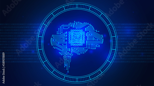 AI. Big data and artificial intelligence concept. Technological brain. Abstract printed circuit board human brain. Machine learning. Concept of cpu in center of computer system. Vector illustration
