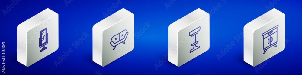 Set Isometric line Big full length mirror, Sofa, Chair and Furniture nightstand icon. Vector Set Isometric line Big full length mirror, Sofa, Chair and Furniture nightstand icon. Vector