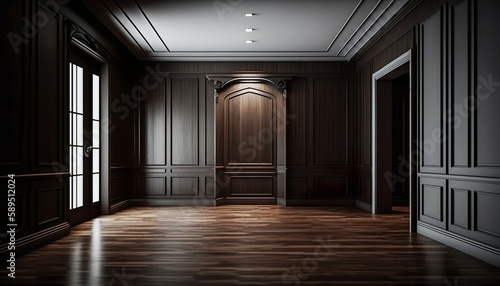 Empty Luxury Room Interior With Brown Wooden Floor, Wall Panels And Lights - Generative AI © FotoIdee