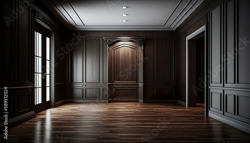 Empty Luxury Room Interior With Brown Wooden Floor, Wall Panels And Lights - Generative AI