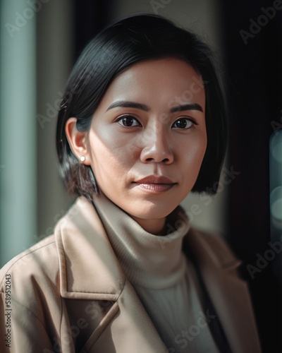 Woman in Beige Turtleneck and Jacket Photorealistic Portrait Illustration [Generative AI] photo