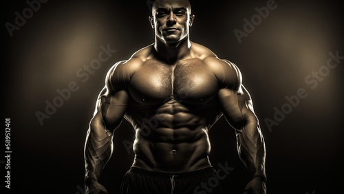 male bodybuilder, posing on a dark background, beautiful body, looking into the camera, generated in AI