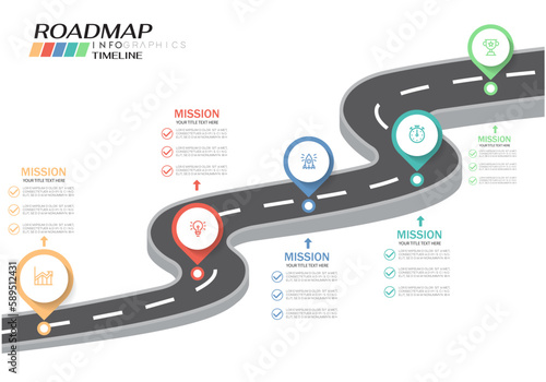 Roadmap infographic 5 steps timeline concept. Winding road. Vector illustration.