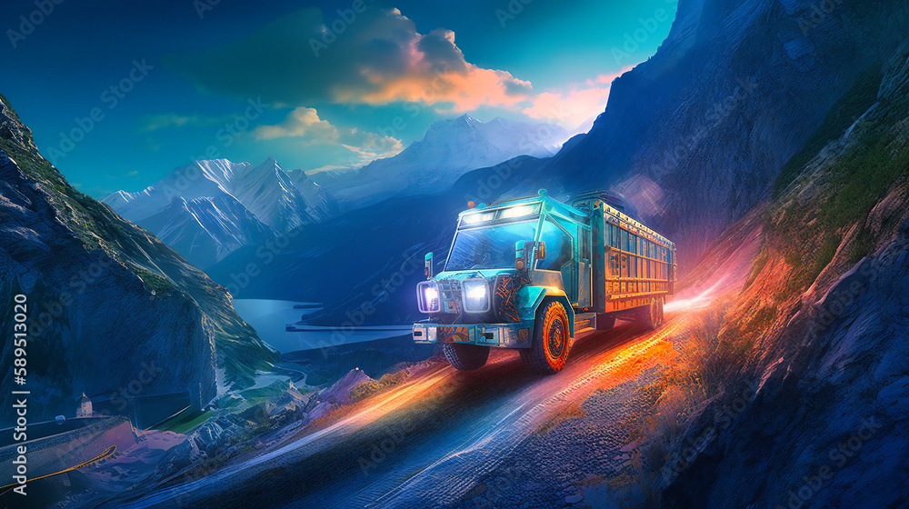 An electric cargo transport navigates a treacherous mountain pass, showcasing its impressive off-road capabilities and sleek design amidst the breathtaking natural landscape An electric cargo transport navigates a treacherous mountain pass, showcasing its impressive off-road capabilities and sleek design amidst the breathtaking natural landscape