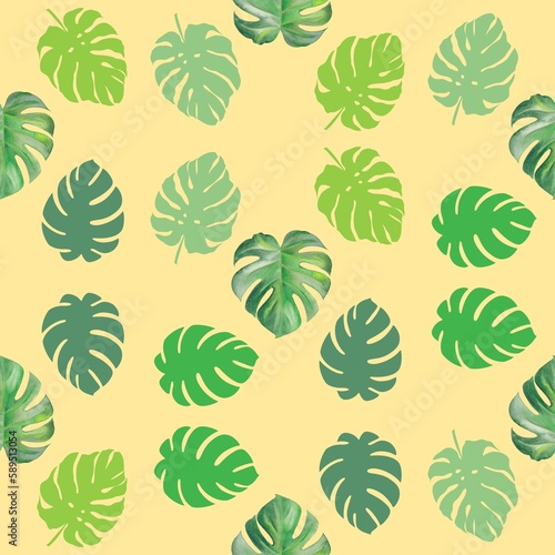 Seamless pattern with monstera leaves in a watercolor style, on a light yellow background, digital drawing.