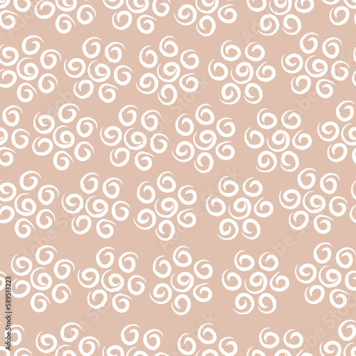 Seamless vector pattern with spirals on beige background. Pastel boho background in minimalist style. Design for fabric, textile, wallpaper, web, wrapping, postcard, banner or greeting.