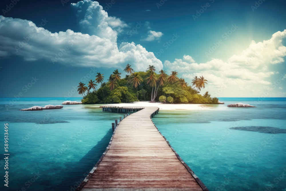 view of a jetty in the caribbean that leads to a beautiful island. clean clear water. beach vacation concept in summer. Generative AI