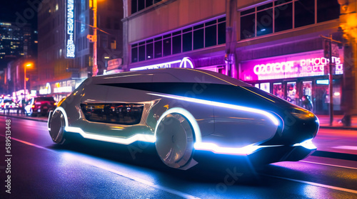 A futuristic electric cargo transport glides silently through the streets of a bustling city at night, its neon-lit exterior shining bright amidst the shadows © Nilima