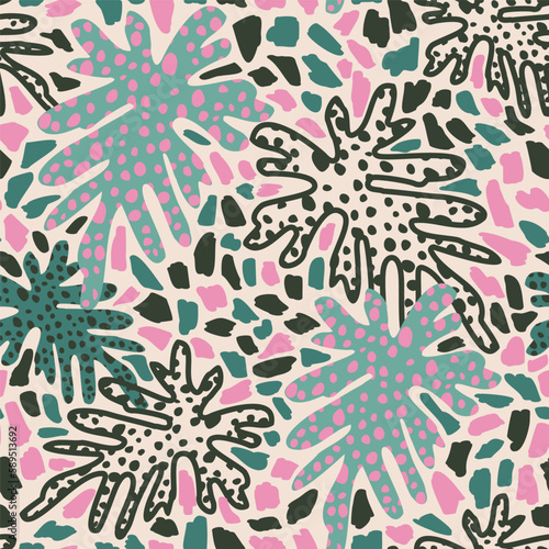 Abstract foliage seamless pattern: tropical leaves, doodle brush strokes