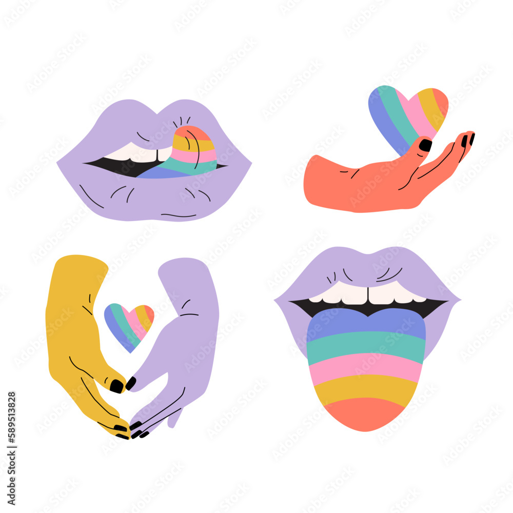 Comic female lips, rainbow colored tongue, LGBTQ couple hands