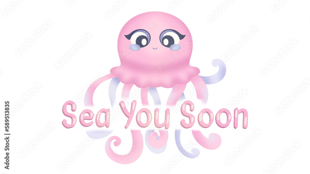 Summer sea postcard with pink octopus and text Summer sea postcard with pink octopus and text