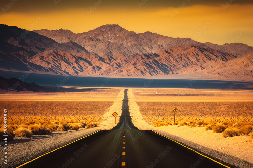 a straight road through the desert, death valley near las vegas in USA. Generative AI
