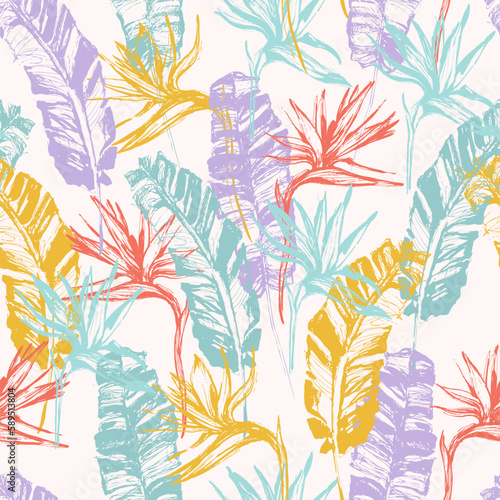 Grunge tropical leaves, flowers seamless pattern. Hand drawn abstract background: banana leaf, bird-in-paradise flower silhouettes.