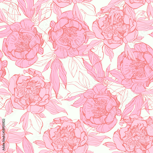 Line sketch peonies seamless pattern. Peony flowers background in silhouette, line art