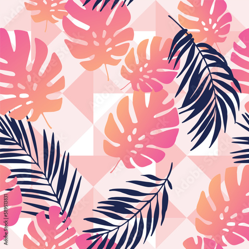 Exotic leaves on geometrical rhombus background. Seamless tropical pattern