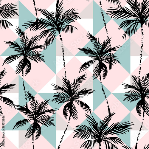 Abstract coconut trees on geometrical rhombus background.