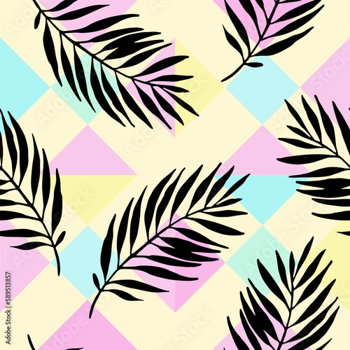 Abstract Palm leaves on geometrical rhombus background.