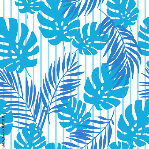 Navy blue tropical leaves on striped background. Seamless tropical pattern