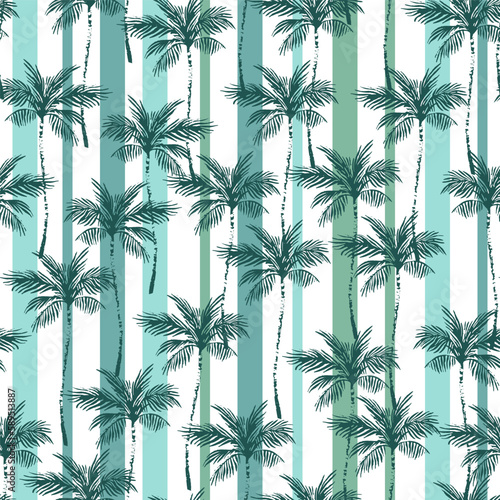 Abstract coconut palm trees on striped background. Seamless tropical pattern.