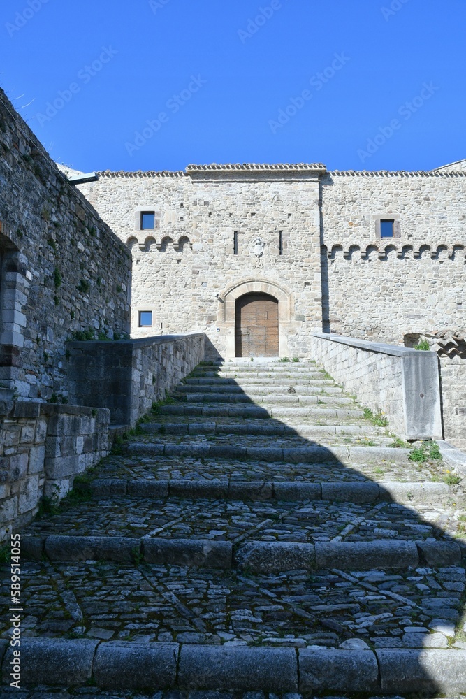 The walls of a medieval castle in Civitacampomarano, a Molise village in the province of Campobasso, Italy.