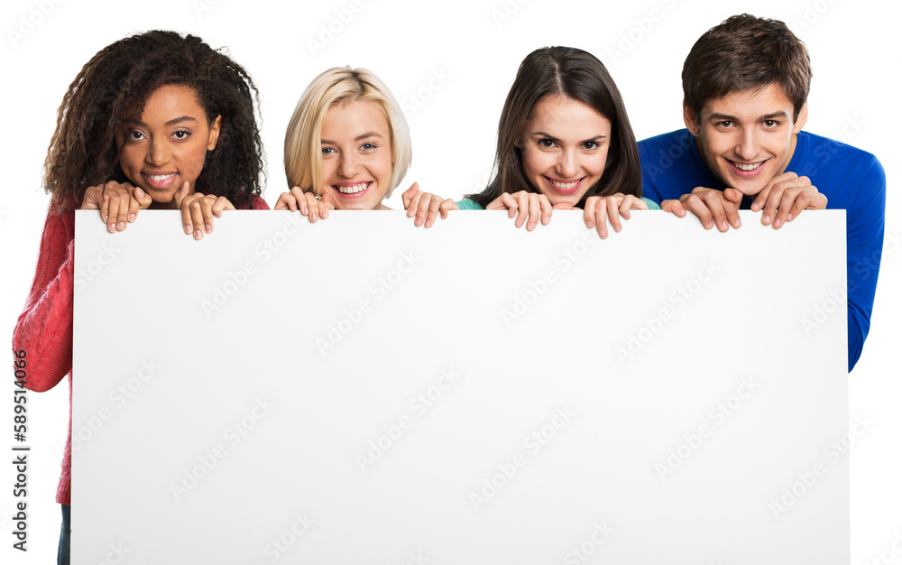 Group of teens holding blank banner Group of teens holding blank banner