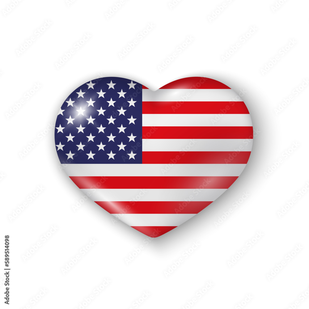 3d heart with flag of USA. Glossy realistic vector element on white background with shadow underneath. Best for web, logo, print and festive decoration. 3d heart with flag of USA. Glossy realistic vector element on white background with shadow underneath. Best for web, logo, print and festive decoration.