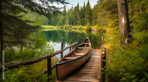 An alluring image of a wooden canoe docked near a luxurious lakeside cabin, inviting guests to embark on a serene and exclusive adventure