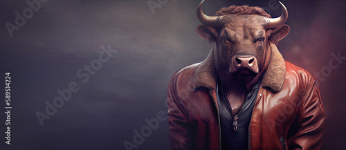 A majestic bull stands tall, exuding raw power and strength. His chiseled physique and unwavering gaze radiate confidence, embodying the essence of a cool and indomitable man AI generated