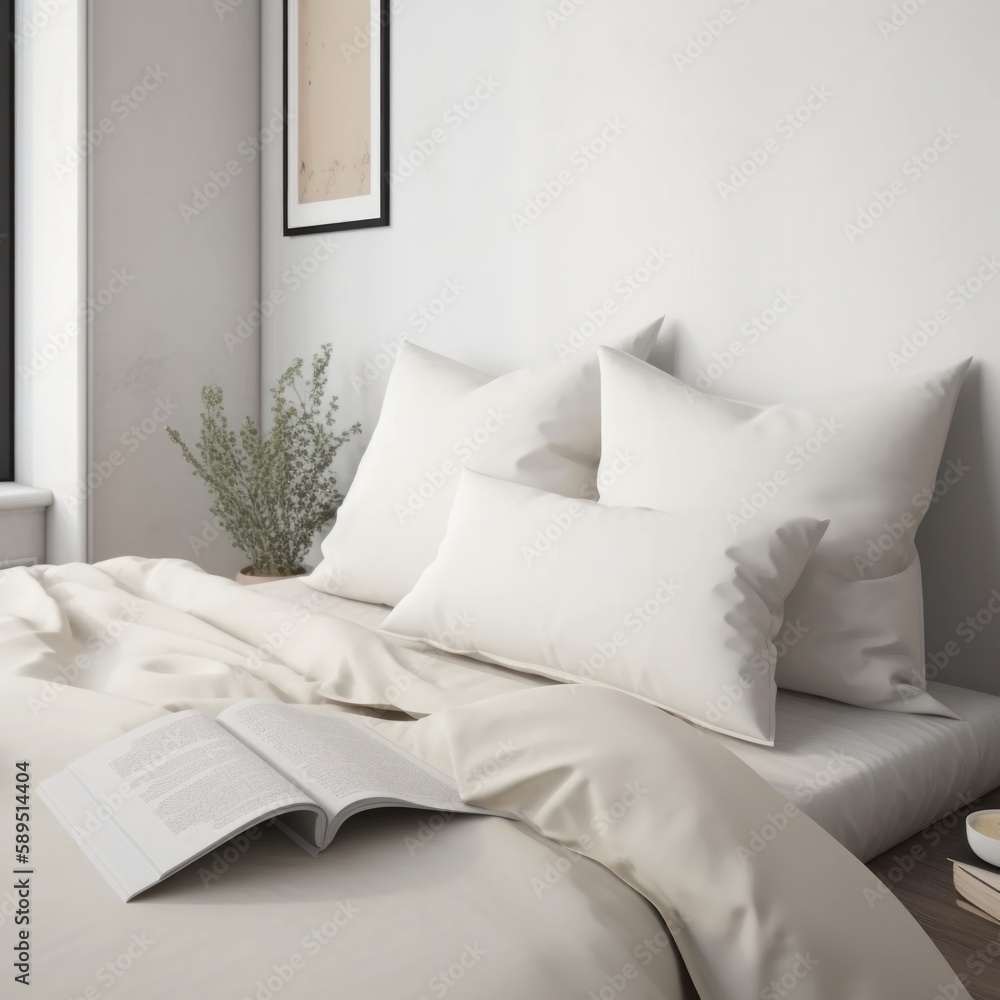 Obraz premium white soft clean and hygienic healthy pillow closeup bedroom interior daylight home interior, image ai generate