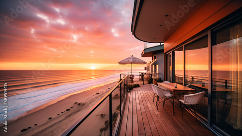 A mesmerizing image of a luxury beach house rental, with a gorgeous terrace providing the perfect setting for sunset views
