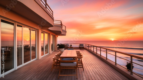 A mesmerizing image of a luxury beach house rental, with a gorgeous terrace providing the perfect setting for sunset views