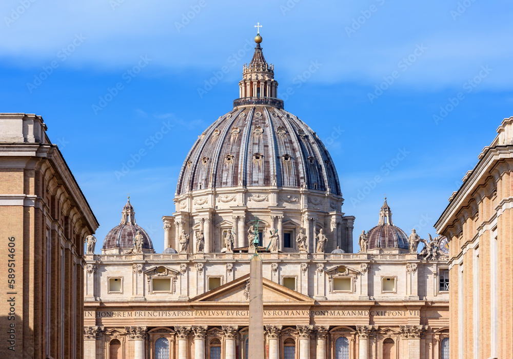 St. Peter's basilica dome and Egyptian obelisk on St. Peter's square in Vatican (translation "In