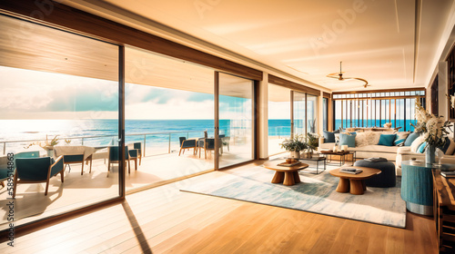 An exquisite image of a luxurious beachfront villa, blending modern architecture with awe-inspiring ocean views for an unforgettable summer escape