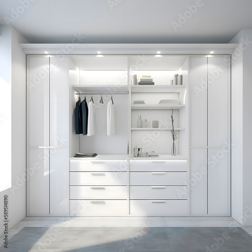 Large walk in wardrobe cabinetry detail in new home created with Generative AI technology. photo