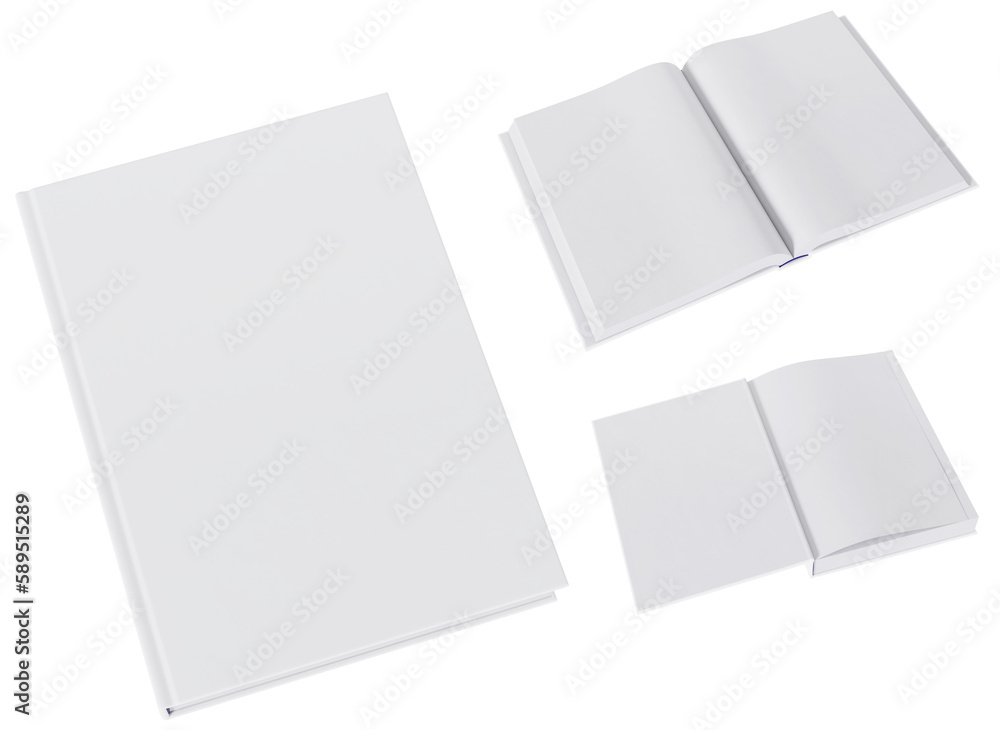 Set of three book mockups in blank, white gloss, hardcovers. Closed, opened on first page and the middle. Image without background. Set of three book mockups in blank, white gloss, hardcovers. Closed, opened on first page and the middle. Image without background.