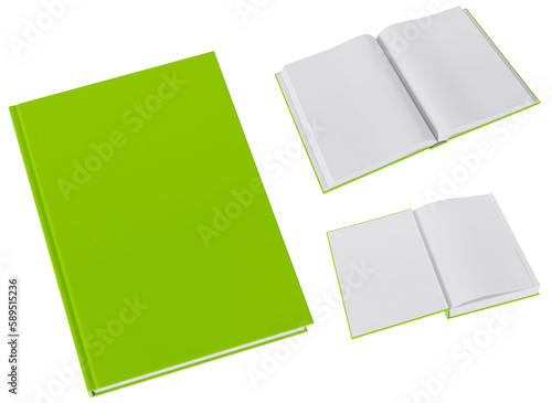 Set of three book mockups in blank, green gloss, hardcovers. Closed, opened on first page and the middle. Image without background.