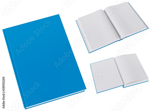 Set of three book mockups in blank, blue gloss, hardcovers. Closed, opened on first page and the middle. Image without background.