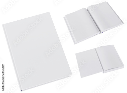 Set of three book mockups in blank, white gloss, hardcovers. Closed, opened on first page and the middle. Image without background.