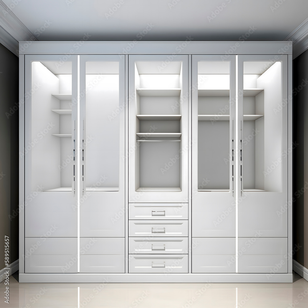 Fototapeta premium Designer large, white wardrobe in the room for clothes created with Generative AI technology.