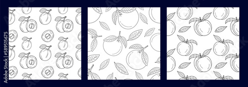 Set of seamless patterns with fresh fruits Guava, mandarin or tangerine, peach in hand drawn linear style. Modern abstract design for paper, cover, fabric, interior decor and other. Vector