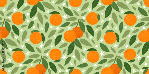 Seamless pattern with tangerines and leaves. Vector illustration.