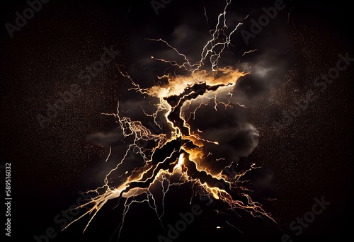 Fototapeta dramatic gold lightning background over black sky. Generative AI