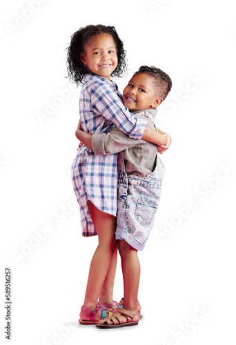 Cuadro en lienzo Children pose for family portrait, young brother and big sister hug with smiles