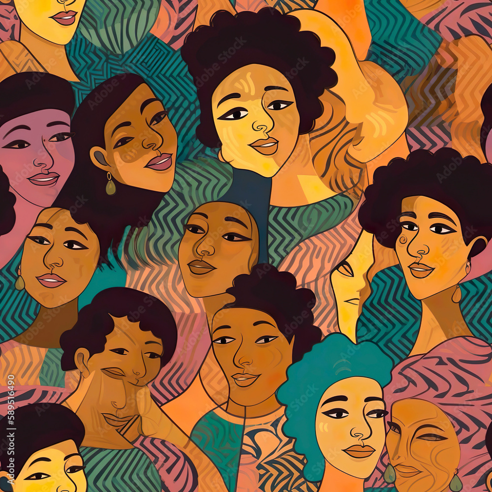Generative AI illustration of diverse women. Seamless pattern. Generative AI illustration of diverse women. Seamless pattern.