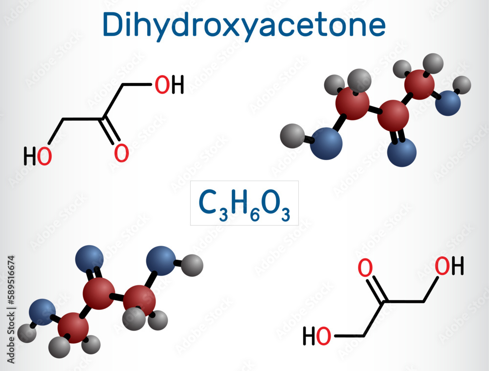 Dihydroxyacetone, DHA, glycerone molecule. It is saccharide, triose