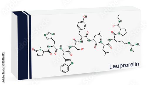 Leuprorelin, leuprolide molecule. It is drug for treatment of prostate cancer, uterine leiomyomata. Skeletal chemical formula. Paper packaging for drugs